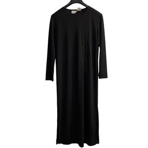 Vintage Delores Bell Dress Women M Black Slinky‎ Knit Maxi Floral Embroidered